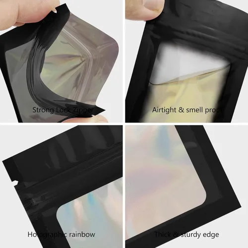 Miniatura 4 de 50 bolsas de Mylar negras de 2.7 x 3.9 pulgadas con ventana transparente, bolsa holográfica resellable para almacenamiento de alimentos, joyas