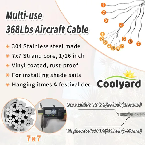 Miniatura 3 de COOLYARD Kit de accesorios para vela con cable de cable, cable de avión recubierto de vinilo de 48 pies (12 pies x 4), kit de colgar de 6 pulgadas