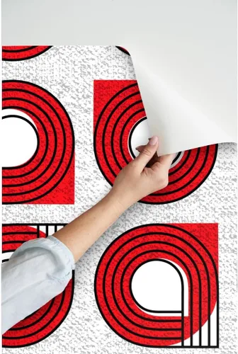 Miniatura 3 de Muestras de papel tapiz para despegar y pegar, Bauhaus rojo y blanco, moderno, abstracto, geométrico, círculos negros, gráfico, papel tapiz