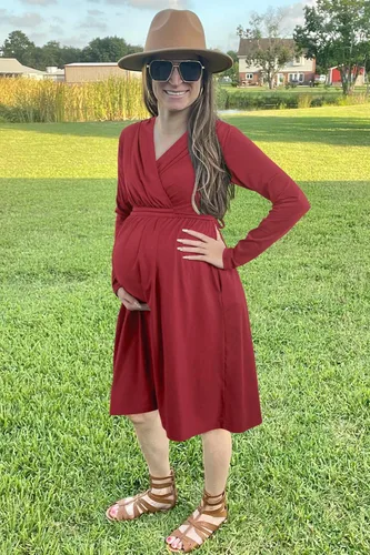 Miniatura 2 de OUGES Vestido de maternidad para mujer 2023, manga larga, cuello en V, vestidos de embarazo con bolsillos