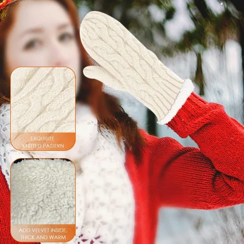 Miniatura 5 de OLizee Conjunto de bufanda y mitones de invierno para mujer, gorro de punto de calavera con pompones de piel sintética