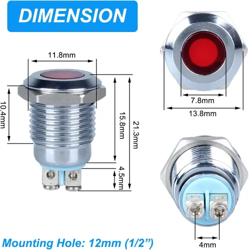 Miniatura 2 de 5pcs 0.472 in 12V-24V 15mA indicador LED de ahorro de energía impermeable IP67 luz de señal de metal piloto Dash lámpara de 0.47 pulgadas agujero