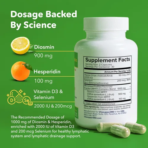 Miniatura 3 de VITASUPPORTMD Fórmula linfática, diosmina hesperidina 1000 mg, apoyo linfático MPFF, soporte del sistema linfático, vitamina D3 y suplemento