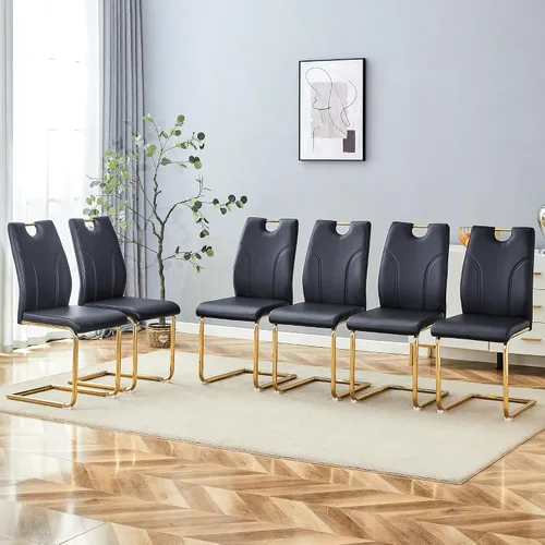 Miniatura 6 de Juego de 2 sillas de comedor negras, modernas sillas de cocina de piel sintética, patas doradas cromadas, fáciles de limpiar, comedor, oficina