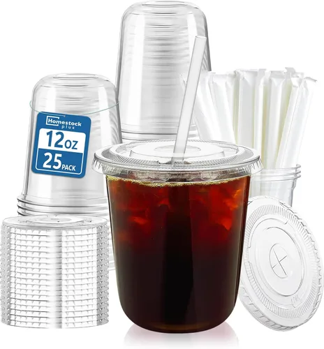 Homestockplus Paquete de 25 vasos de plástico transparente de 12 onzas con tapas y pajitas, tazas de café helado a prueba de fugas, sin BPA,