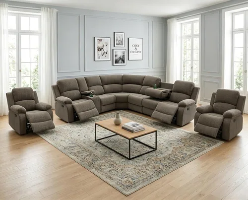 Miniatura 14 de Juego de sofá seccional reclinable manual, juegos de muebles de sala de estar de cuero regenerado en forma de L, sofá de esquina seccional