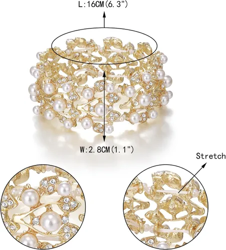 Miniatura 5 de EVER FAITH Crystal Cream Simulated Pearl 1920's Style Leaf Stretch Pulsera Transparente