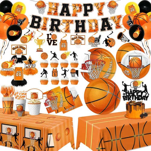 Decoraciones de fiesta de baloncesto, 206 decoraciones de cumpleaños de baloncesto incluyen platos y servilletas, vasos, mantel, pancarta, remolinos