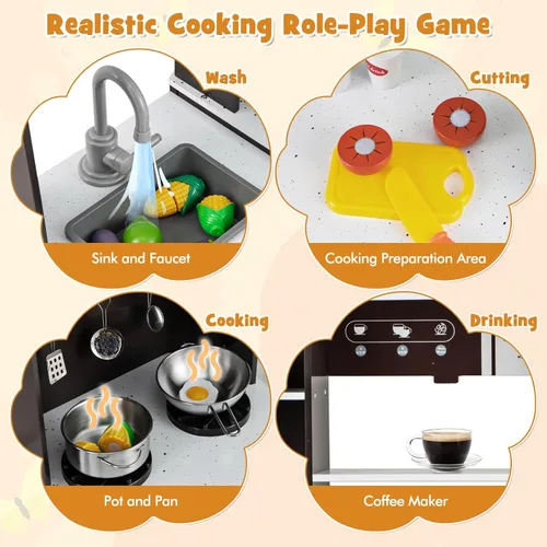 Miniatura 2 de HONEY JOY Juego de cocina esquinera para niños, juego de cocina de juguete de madera con luces y sonidos, campana extractora, máquina de hielo