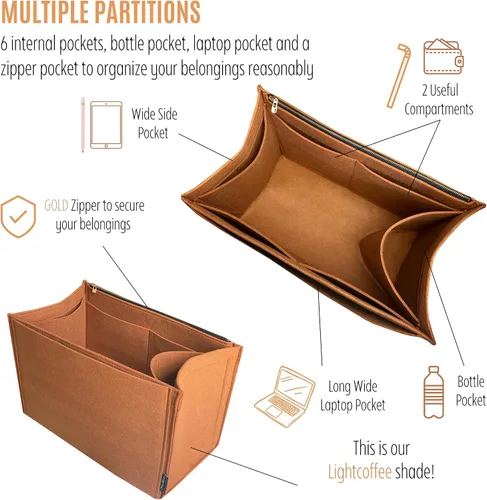 Miniatura 6 de Sunshine Tote Organizer Insert, Sunshine Shopper Medium Insert, Mini Sunshine Large Organizer, Handmade 3mm Premium Felt Snug Sturdy Gold Zipper