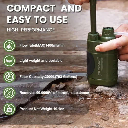 Miniatura 6 de Purewell Bomba purificadora de mano de agua con carbono reemplazable de 0.01 micrones, etapas, equipo portátil de emergencia y supervivencia al aire