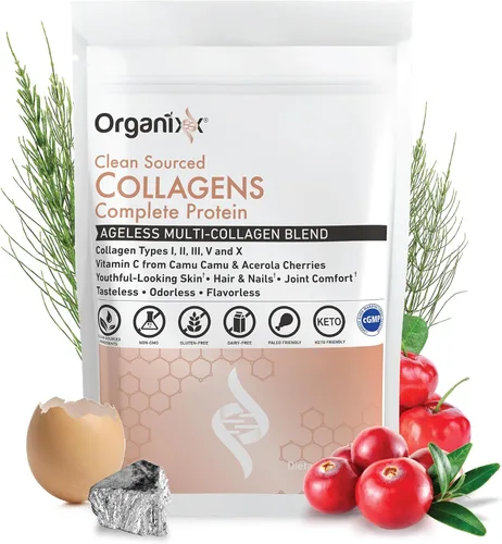 Miniatura 10 de Polvo de péptidos de colágeno Organixx con vitamina C, tipos I, II, III, V, X de colágeno hidrolizado, para la salud del cabello, uñas, piel, huesos