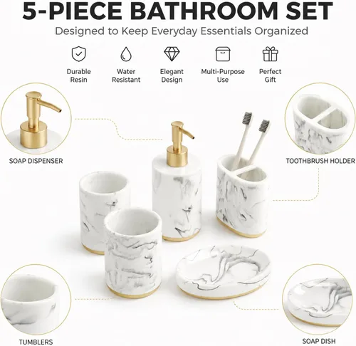 Miniatura 2 de Juego de accesorios de baño de 5 piezas, juego de baño de resina de mármol con dispensador de jabón, soporte para cepillos de dientes, jabonera