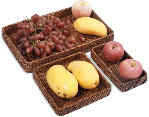 Miniatura 7 de Juego de 3 bandejas de ratán, bandeja rectangular tejida, bandeja decorativa de mimbre, organizador de tocador de mesa de café, encimera de cocina