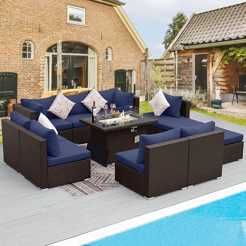 Miniatura 23 de BULEXYARD Juego de muebles de patio de respaldo alto de 7 piezas con mesa de fogata de combustible dual propano/gas natural, sofá seccional