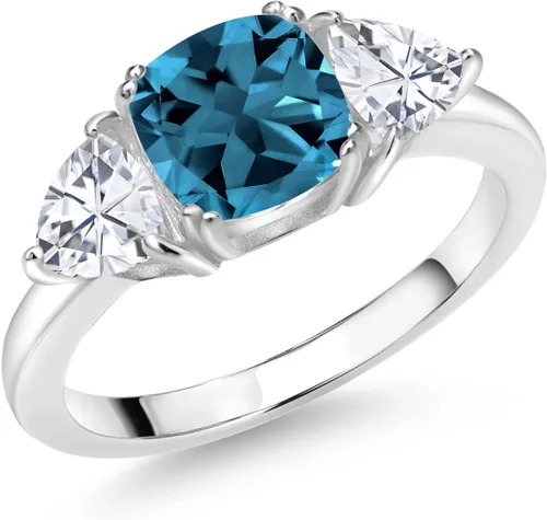925 Sterling Silver Gemstone Birthstone and White Moissanite 3-Stone Engagement Ring for Women | 7MM Cushion and 5MM Trillion Accents | Three Stone