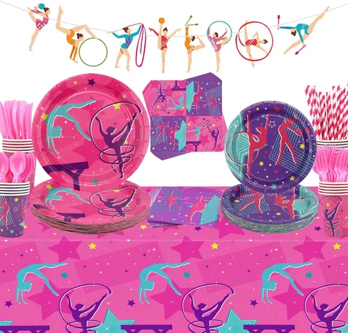Decoraciones de fiesta de cumpleaños de gimnasia, suministros de fiesta temática para pequeñas gimnastas de baile con patrón de bandera, mantel,