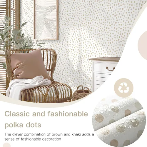 Miniatura 3 de Dimoon Papel Tapiz Despegar y Pegar de 17.3''x78.7'' Boho Beige Papel de Contacto Natural Moderno de Lunares Blancos Papel Tapiz Removible para Baño