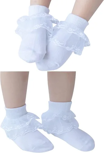 Miniatura 6 de Twtility Calcetines de encaje con volantes para niñas pequeñas, vestido de princesa, doble encaje de algodón con volantes blancos