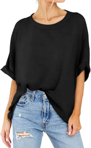 Miniatura 2 de Jenisso Camiseta holgada de manga corta para mujer, cuello redondo, básica, informal, holgada