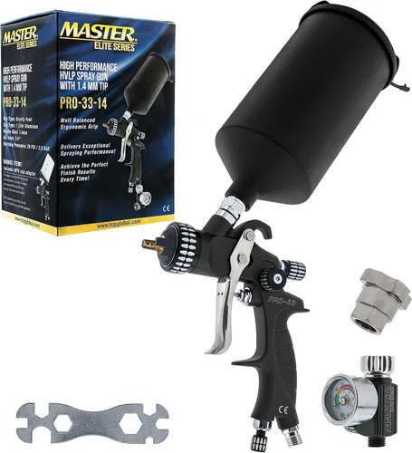 Pistola Pulverizadora de Pintura Master Elite de Alto Rendimiento PRO-33 HVLP con Punta de 1.4mm (0.055 pulgadas), Copa de 1L, Medidor Regulador,