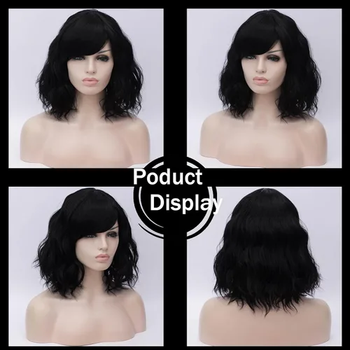 Miniatura 3 de BUFASHION Peluca rizada corta ondulada de 14 pulgadas para mujer, peluca sintética para cosplay, Halloween, peluca con flequillo lateral (negro)