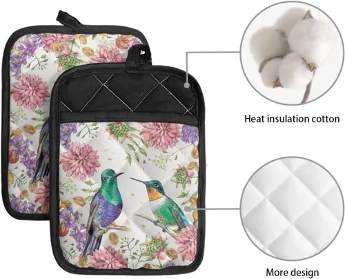 Miniatura 3 de Gomyblomy Hummingbirds & Flowers - Forro de sartén aislado para mujer, 2 piezas, resistente al calor, con bolsillo, protector de cocina ligero