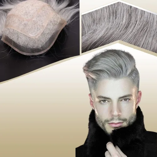 Miniatura 11 de Toupee para hombres, piezas de cabello 100% europeo, sistema de reemplazo de cabello humano virgen de 10 x 8 pulgadas, mono encaje con poliuretano