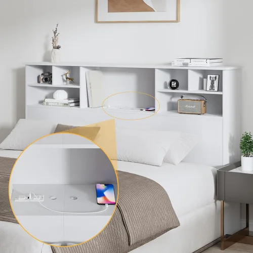 Miniatura 7 de Cabecero tamaño King para dormitorio, elegante cabecero de estantería con estación de carga integrada y 2 luces LED, tablero de madera de ingeniería