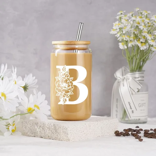 Miniatura 4 de Taza de Vidrio Inicial Coolife, Regalos Personalizados para Mujeres, Tazas de Vidrio de 16 oz con Tapas y Popotes, Vaso para Café Helado, Licuado