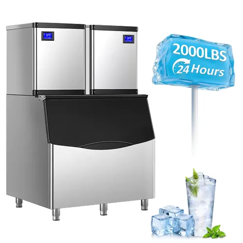 Máquina comercial para hacer hielo de 2000 libras/24 horas, máquina de hielo automática de 220 V con almacenamiento de 1000 libras, control LED,
