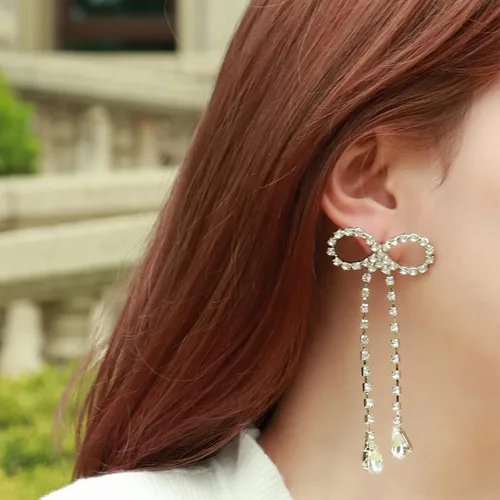 Miniatura 3 de Pendientes de plata 925 con lazo de cristal, aretes de diamantes de imitación hipoalergénicos para orejas sensibles