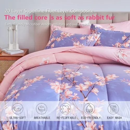 Miniatura 6 de AIKASY Juego de edredón individual rosa y morado claro con sábanas, cama en una bolsa, 6 piezas, diseño de impresión de ramas y flores, juego