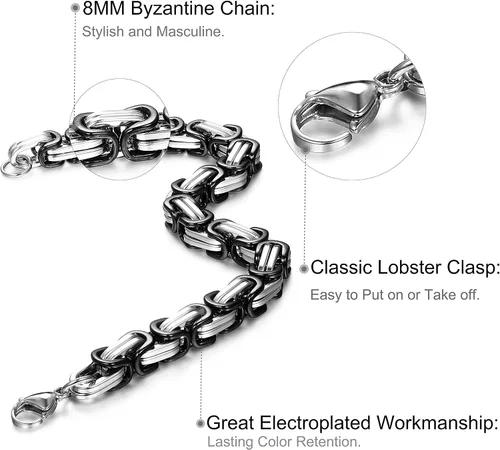 Miniatura 4 de FIBO STEEL - Pulsera para hombre cadena de eslabones de acero inoxidable 2piezas 8mm para hombre, pulseras bizantinas, 8.0-9.1pulgadas