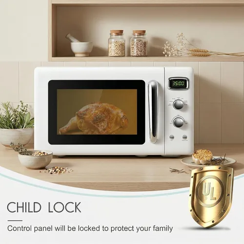 Miniatura 7 de Horno microondas retro para encimera, SIMOE Horno microondas compacto 0.9 pies cúbicos con bloqueo para niños, 5 niveles de potencia, descongelación