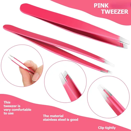 Miniatura 3 de Mudder Juego de 12 pinzas para cejas para vello facial, pinzas de punta inclinada de acero inoxidable a granel para hombres y mujeres (rojo rosa)