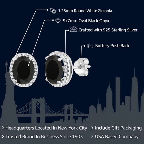 Miniatura 2 de Gem Stone King Aretes de plata de ley 925 con halo de ónix negro para mujer