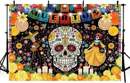 Miniatura 3 de MEHOFOND Telón de fondo del Día de los Muertos de 7 x 5 pies para fiesta mexicana, Día de los Muertos, decoración de fiesta de cumpleaños, pancarta