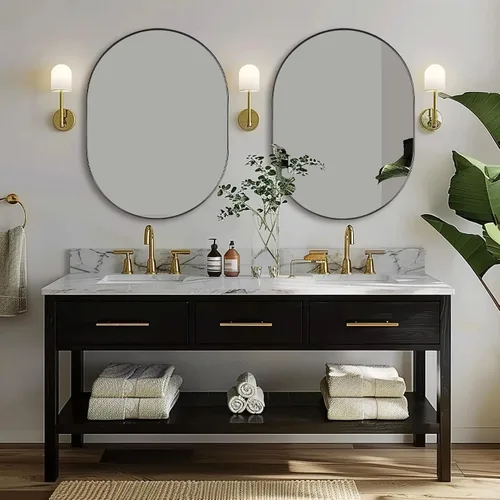 Miniatura 3 de ANDY STAR Espejo ovalado de 24x32 pulgadas, espejo ovalado negro de diseño en forma de píldora en marco de metal de acero inoxidable para baño