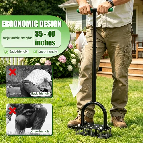 Miniatura 4 de Aireador de césped ajustable con resorte de rebote – 16 picos de metal afilados aireador de suelo con mango ergonómico en T y placa de pie ancha