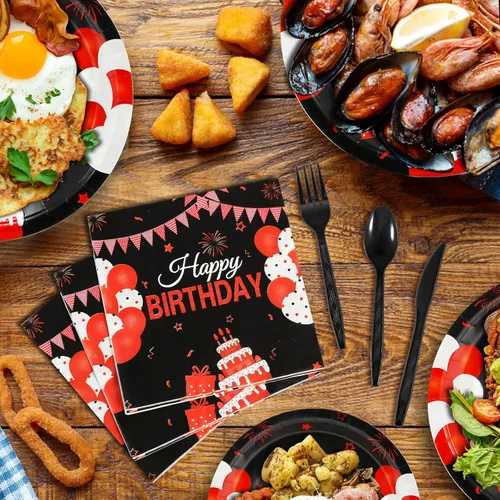 Miniatura 5 de Juego de vajilla de 168 piezas para fiesta de cumpleaños de color negro y rojo, platos, cuchillos, tenedores, cucharas, tazas y servilletas