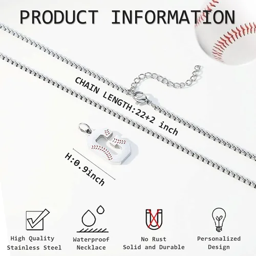 Miniatura 3 de Susook Collar con inicial de béisbol para niños, dije de letra A-Z, cadena de acero inoxidable de 22 + 2 pulgadas, regalo de béisbol personalizado