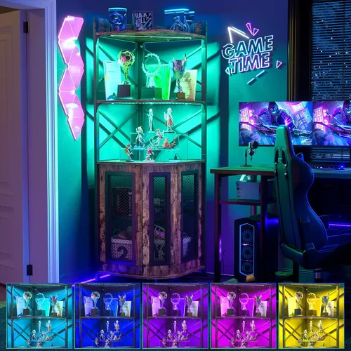 Miniatura 2 de Aheaplus Mueble Bar de Esquina con Toma de Corriente, Gabinete Industrial para Vino con Tira LED y Portavasos, Gabinete de Licores de 5 Niveles