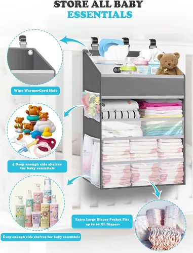 Miniatura 2 de Organizador de pañales colgante PHOTOONE para cuna – Organizador espacioso para guardería de bebé niña/niño para mesa de cambio, corralito/pared