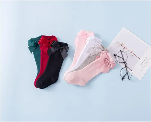 Miniatura 5 de BULINGNA Calcetines de princesa con lazo, color sólido, con volantes, hasta la rodilla, para bebé, para uniforme escolar