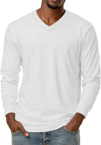 Miniatura 23 de Camiseta para hombre, manga larga, cuello en V, color liso, informal, básica, suave, elástica, M-3XL