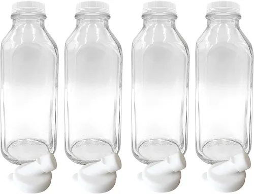 Miniatura 9 de The Dairy Shoppe Botellas de Leche de Vidrio Pesado - Jarras con Tapas y Boquillas Vertedoras de Silicona - Recipientes de Leche Transparentes
