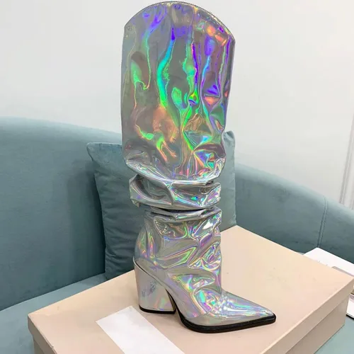 Miniatura 19 de Vertundy Botas altas hasta la rodilla metálicas con punta puntiaguda para mujer, botas altas de tacón alto de charol plisadas, botas largas plisadas