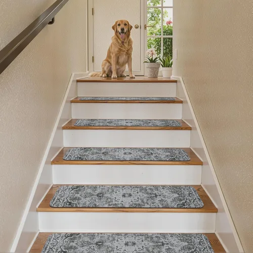 Miniatura 7 de OJIA Peldaños de escalera antideslizantes para escalones de madera en interiores, 15 piezas de 8"x30" alfombras con respaldo de goma para peldaños
