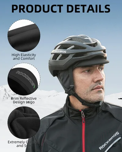 Miniatura 9 de ROCKBROS Gorras de ciclismo de invierno para hombres y mujeres, sombrero de ciclismo a prueba de viento con visera solar debajo del casco forro negro
